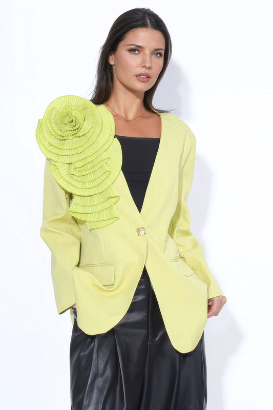 Blazer with V-Neckline and 3D Flower Accent - Green