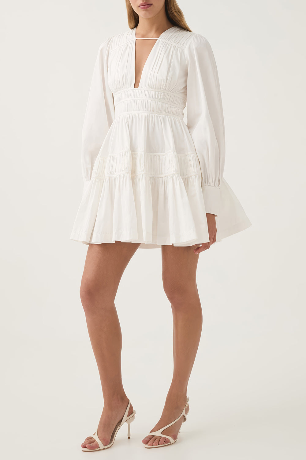 Plunge Neckline Mini Dress with Puff Sleeves