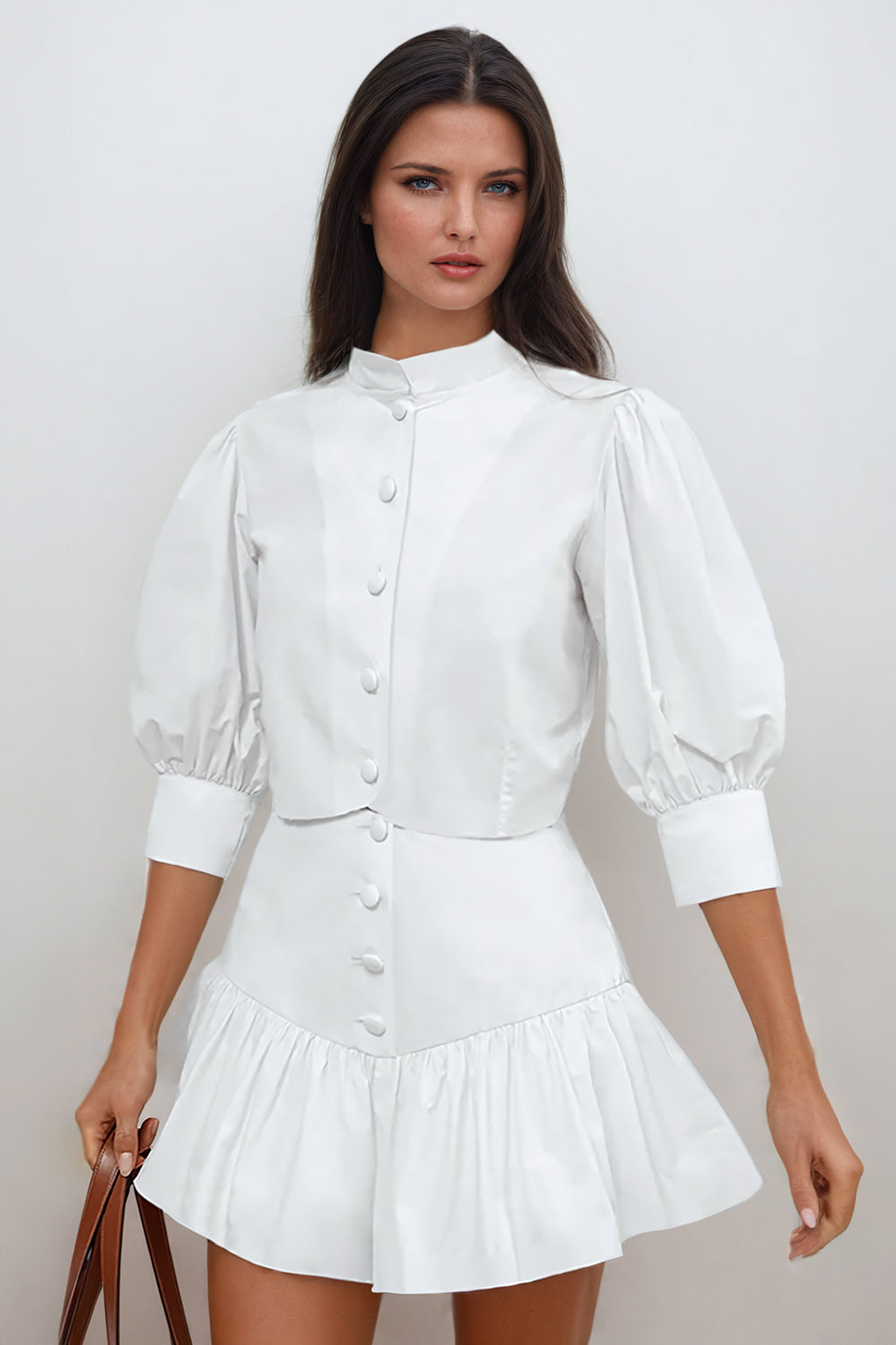 Two-Piece Set with Puff Sleeve Button-Up Top and Ruffled Mini Skirt - White