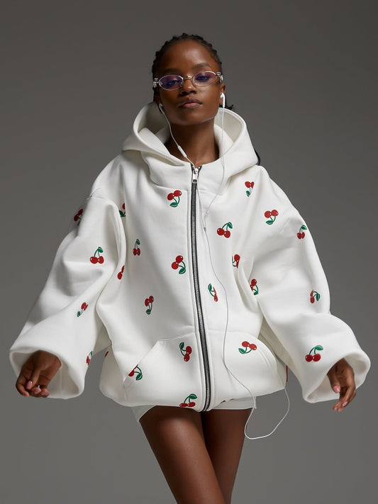 Oversized Hoodie with Cherry Print - White