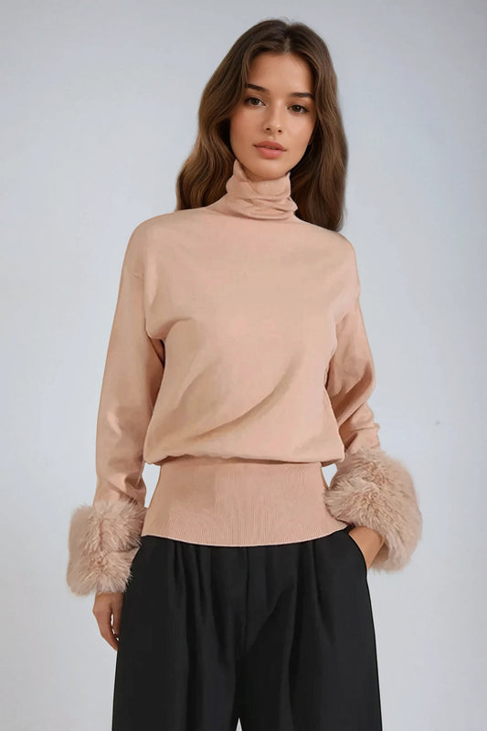 Turtleneck Sweater with Fur Cuff Details - Brown