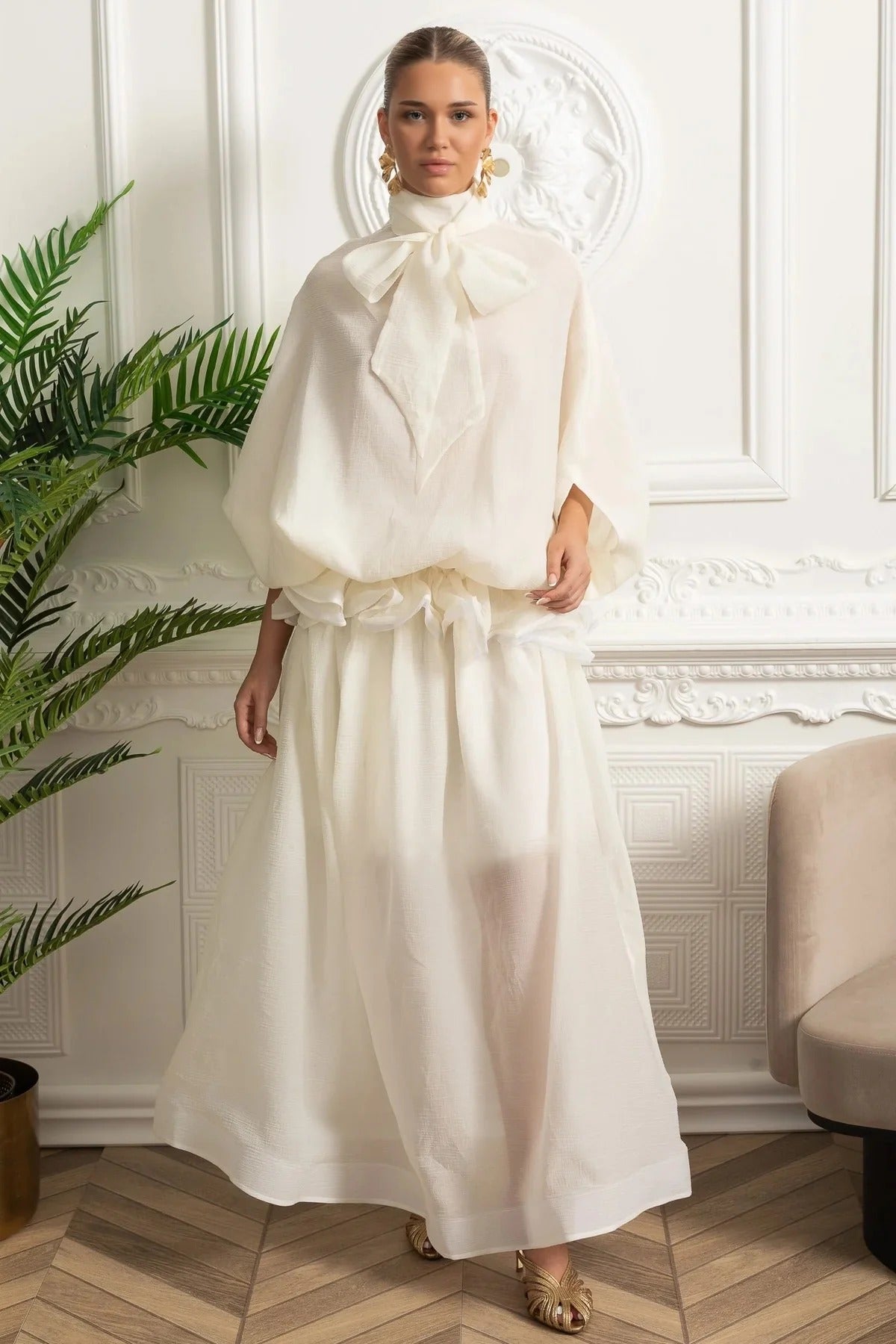 Two-Piece Blouse and Maxi Skirt Set with Rosette Waist Detail - White