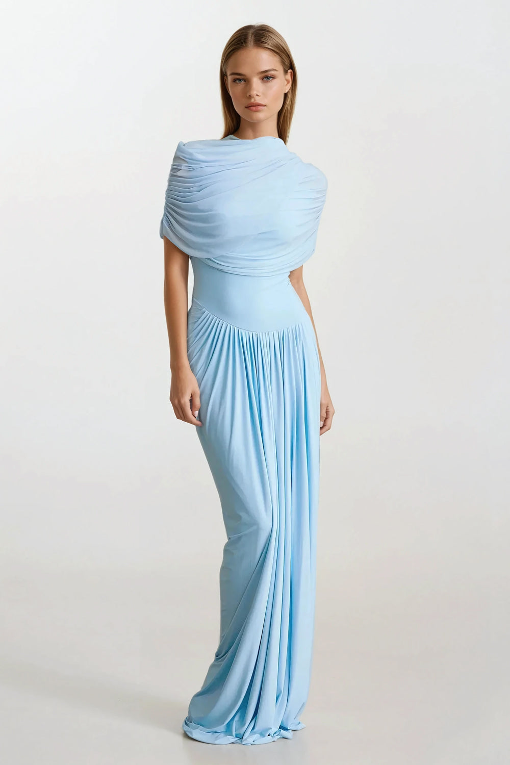 Draped Sleeves Asymmetrical Maxi Dress - Light Blue