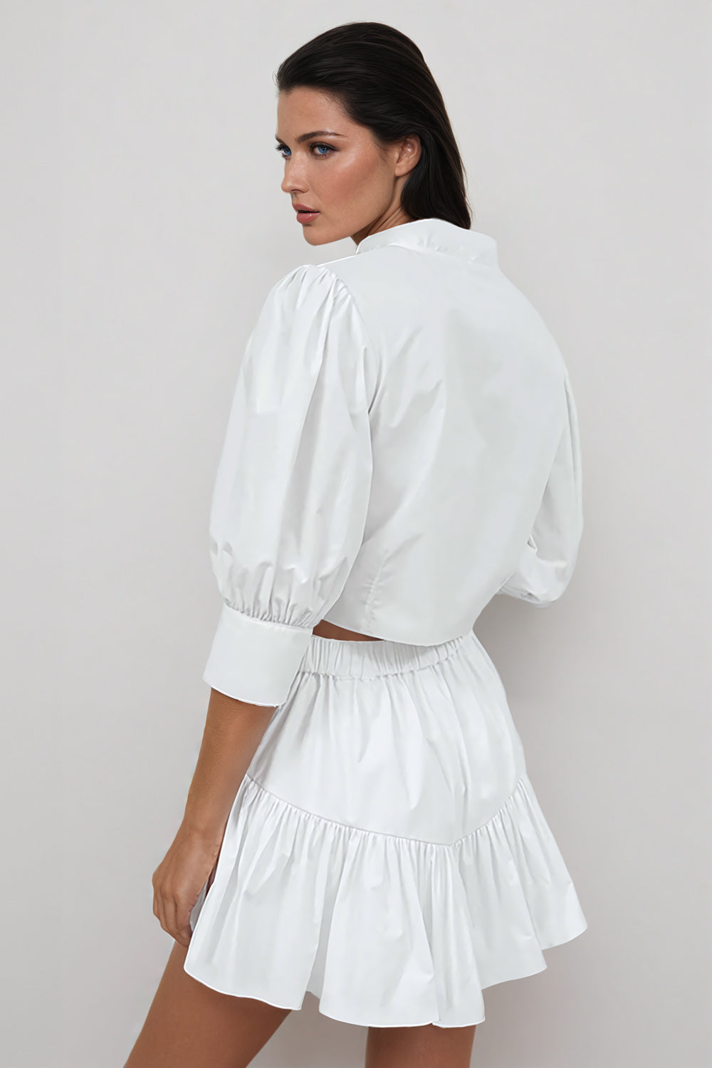 Two-Piece Set with Puff Sleeve Button-Up Top and Ruffled Mini Skirt - White