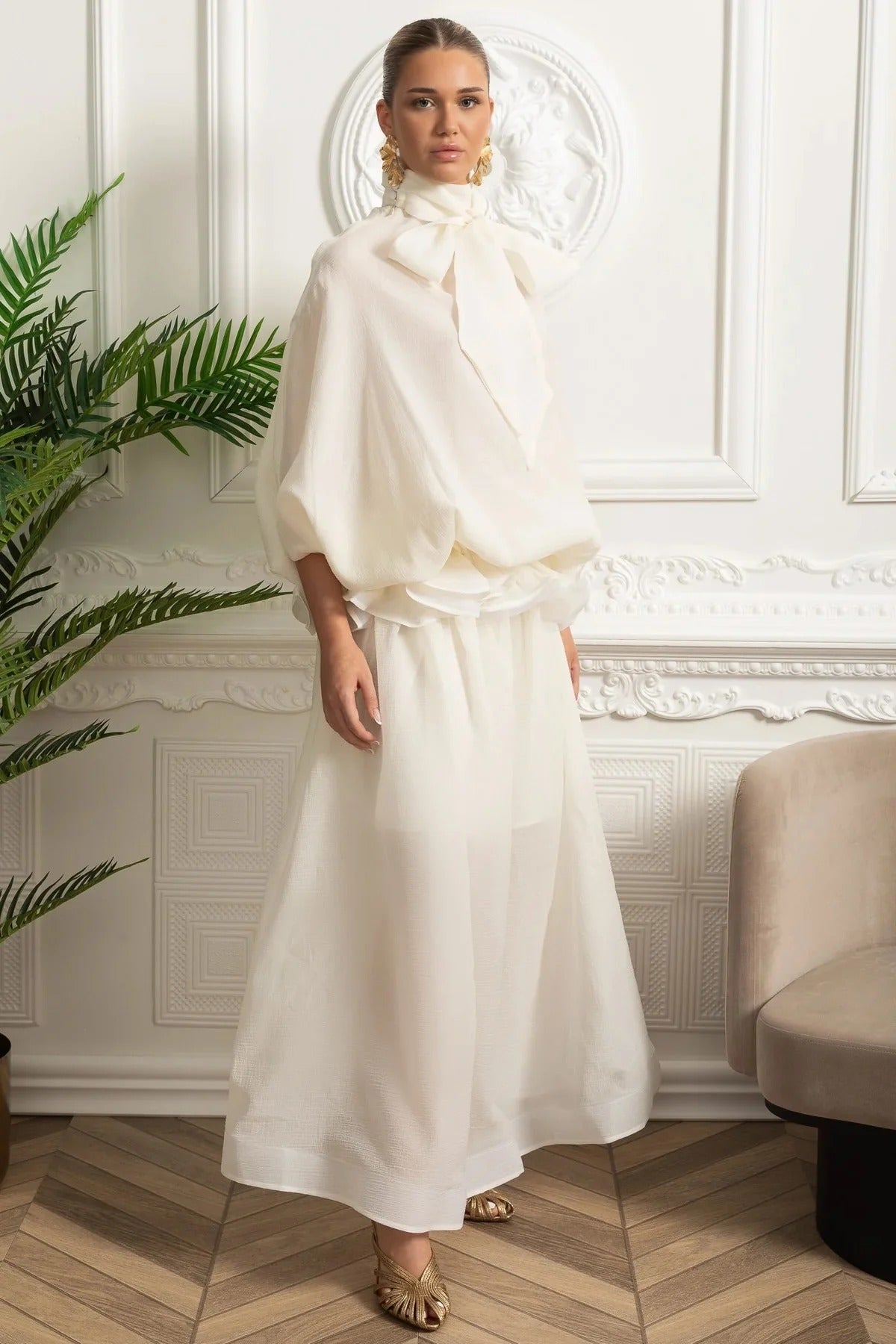 Two-Piece Blouse and Maxi Skirt Set with Rosette Waist Detail - White