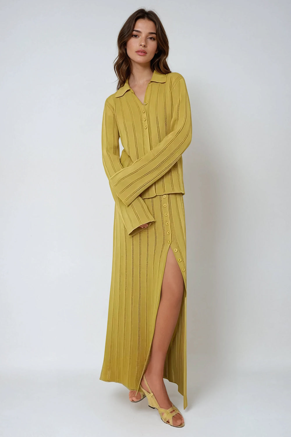 Two-Piece Set with Collared Button-Up Top and Slit Maxi Skirt - Yellow