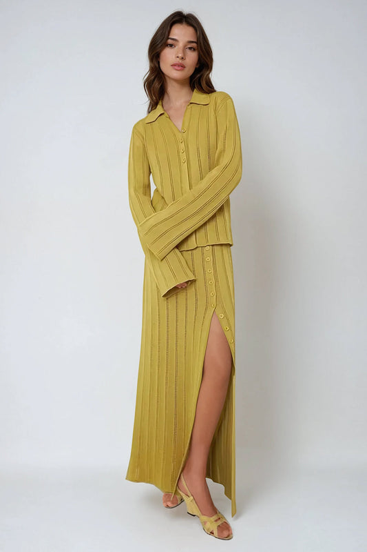 Two-Piece Set with Collared Button-Up Top and Slit Maxi Skirt - Yellow