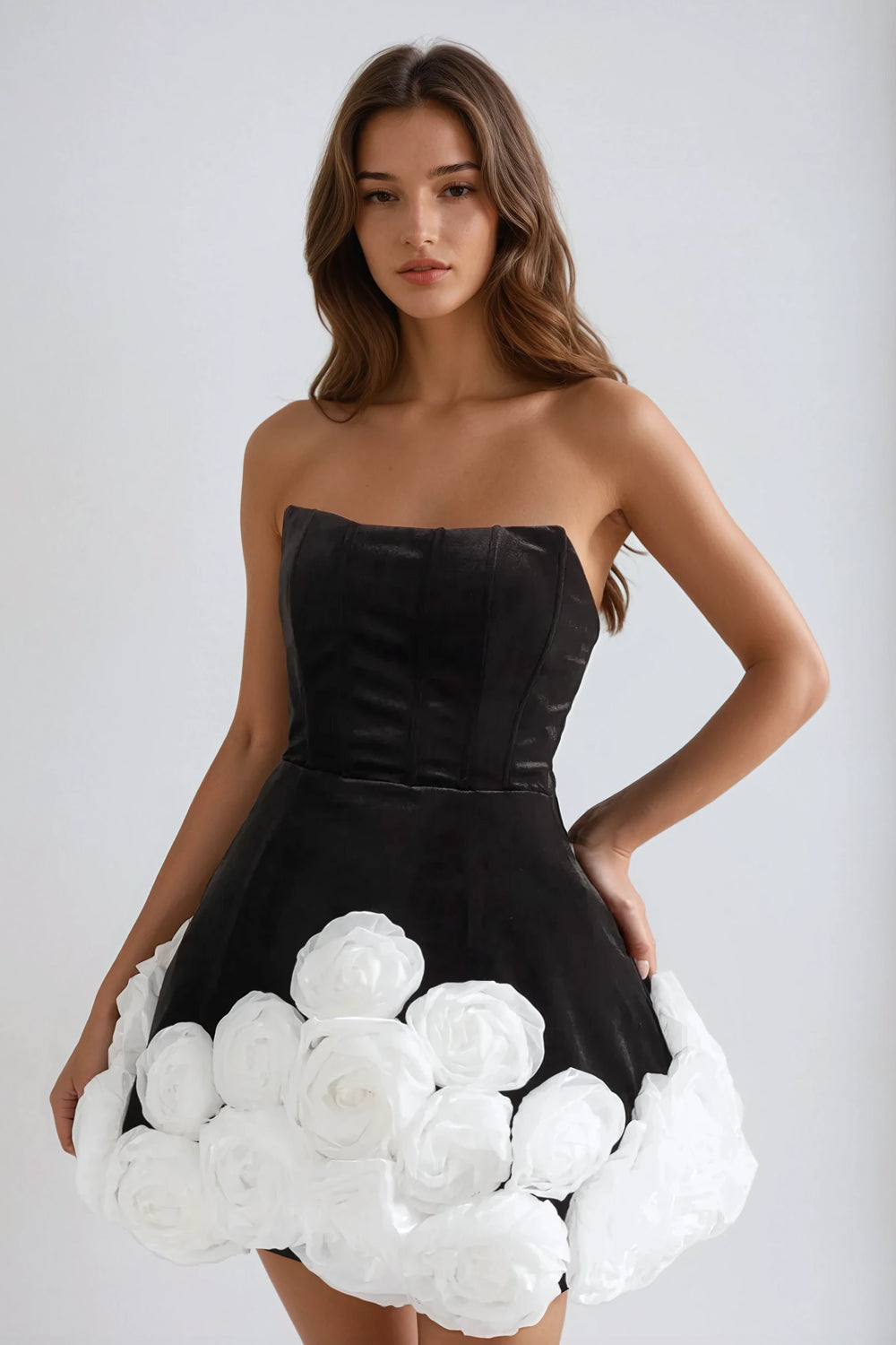 Strapless Mini Dress with 3D Floral Detail - Black