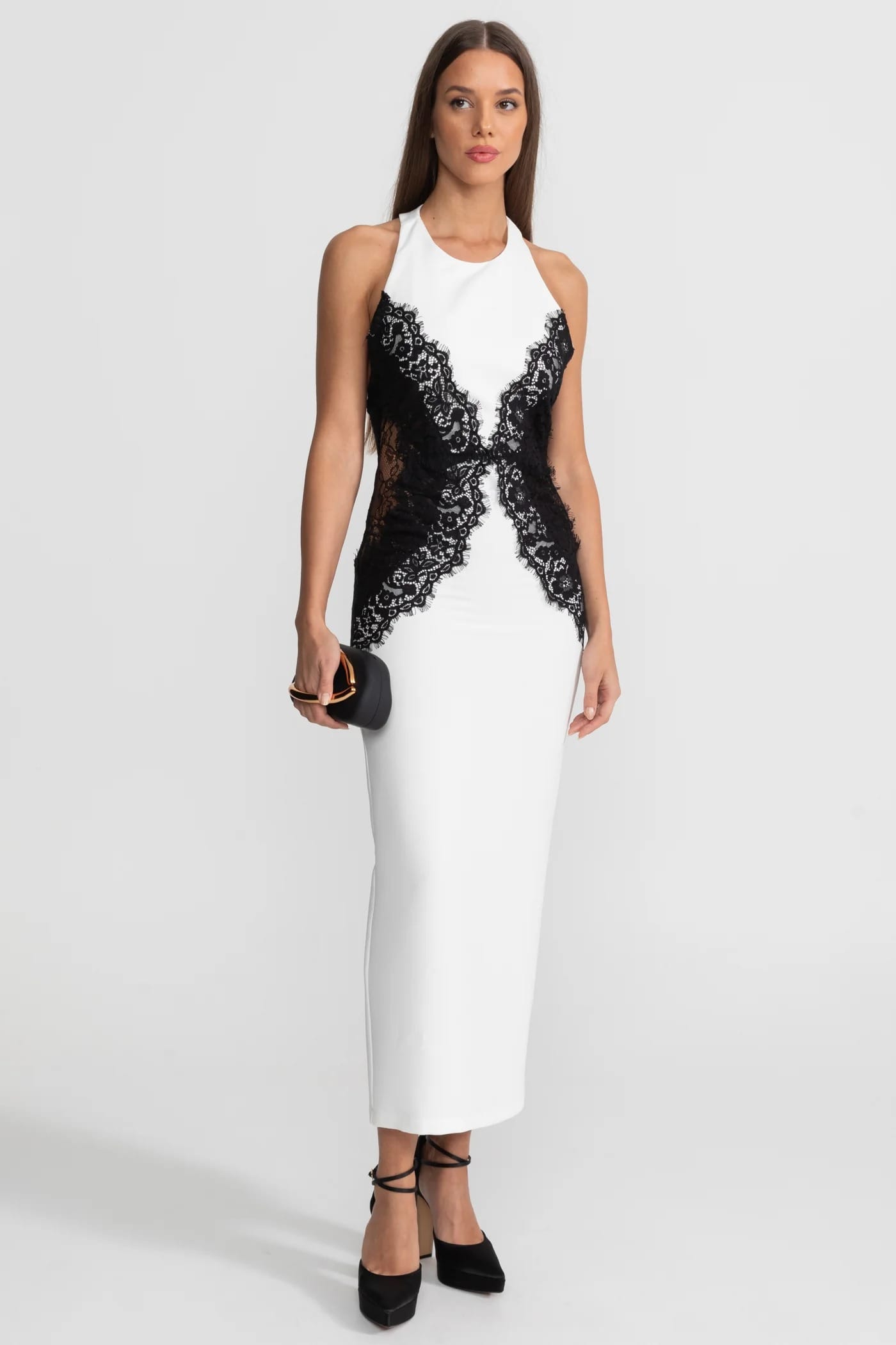 Lace Panel Halter Maxi Dress - White