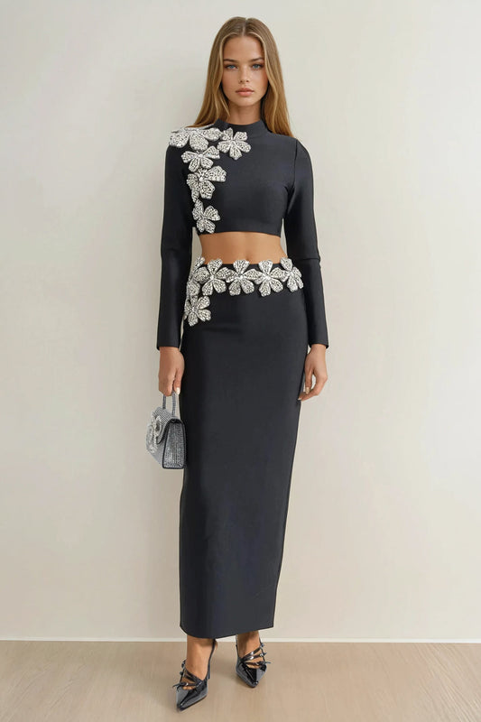 Two-Piece Set with High Neck Long Sleeve Crop Top and Maxi Skirt - Black