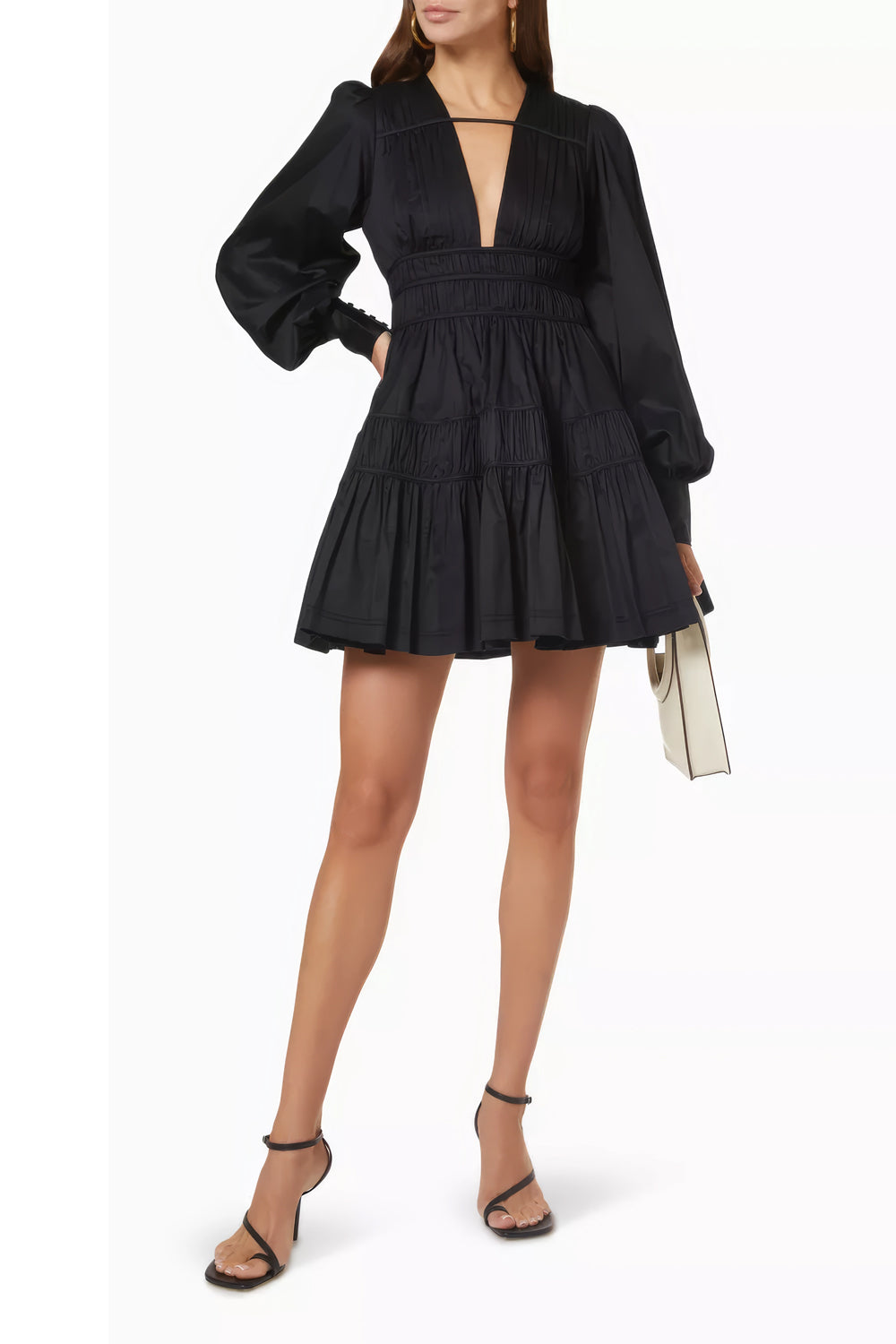 Plunge Neckline Mini Dress with Puff Sleeves