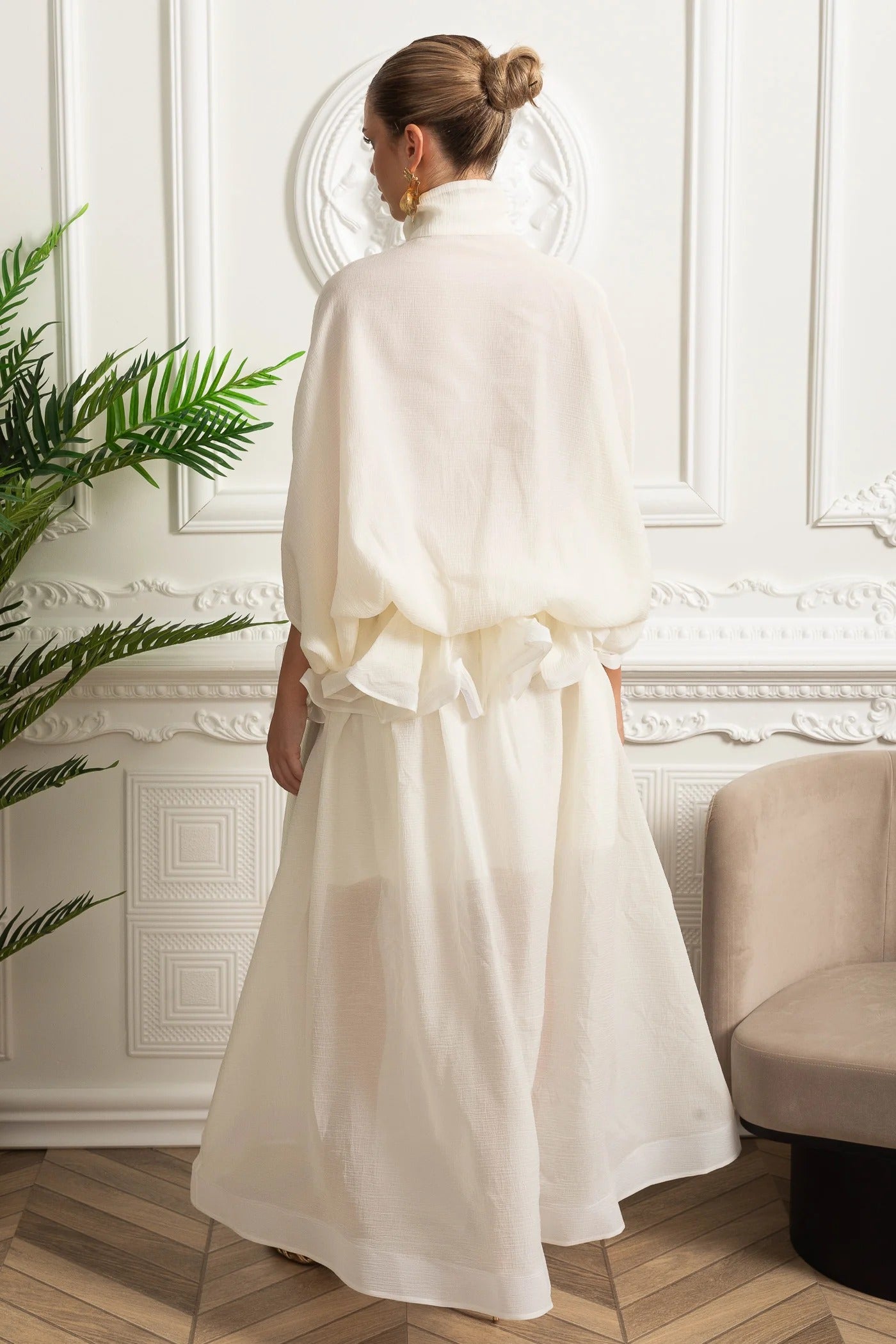 Two-Piece Blouse and Maxi Skirt Set with Rosette Waist Detail - White
