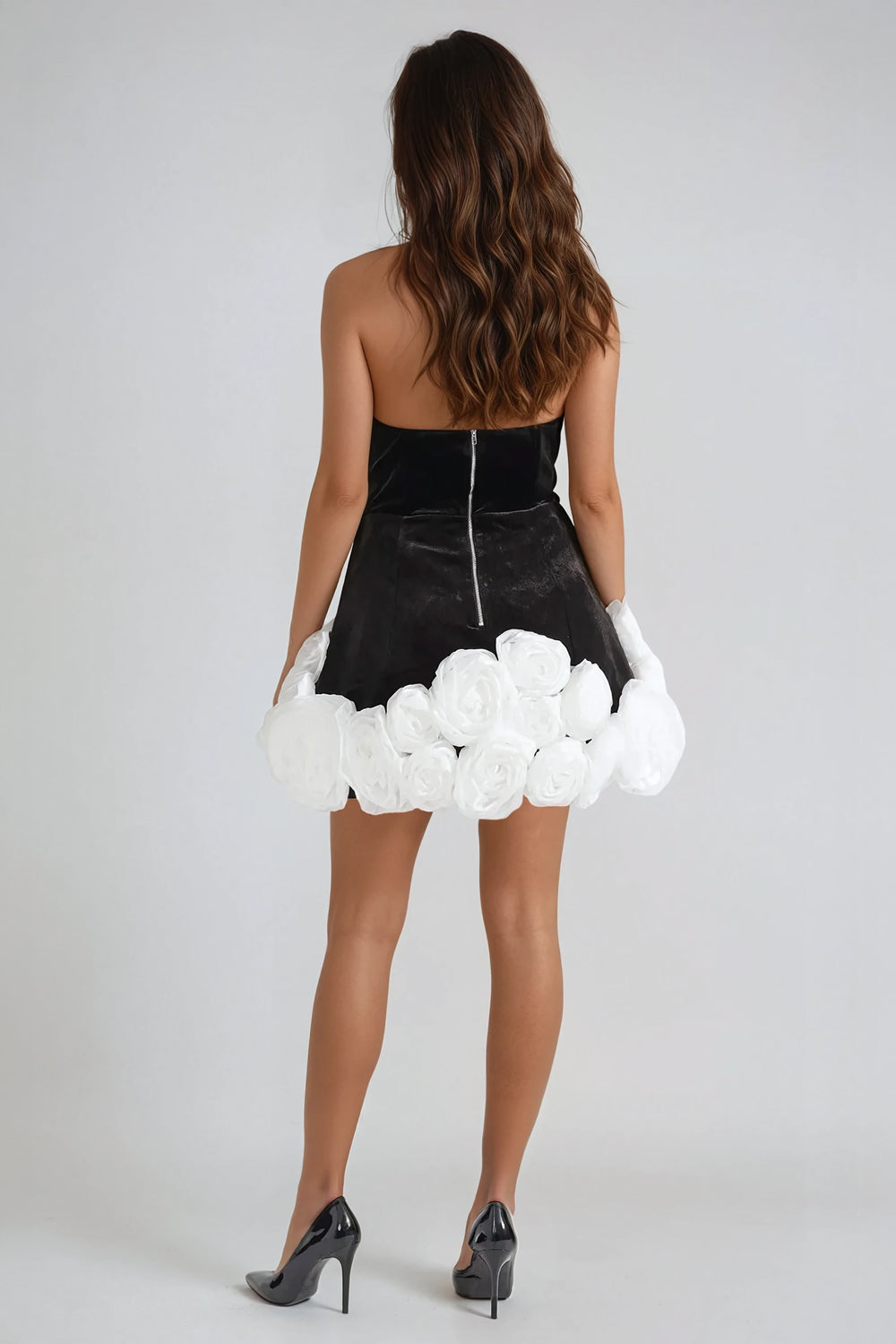 Strapless Mini Dress with 3D Floral Detail - Black