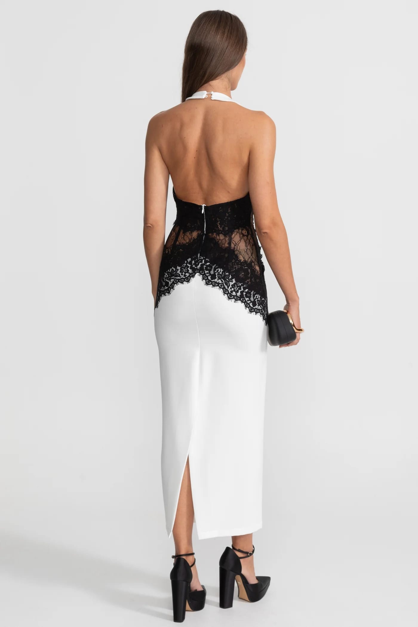 Lace Panel Halter Maxi Dress - White