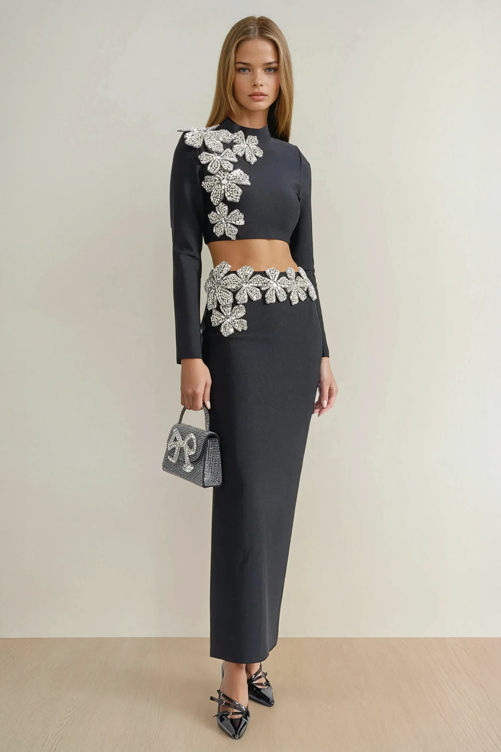 Two-Piece Set with High Neck Long Sleeve Crop Top and Maxi Skirt - Black
