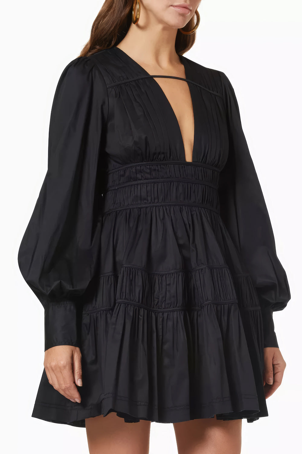 Plunge Neckline Mini Dress with Puff Sleeves