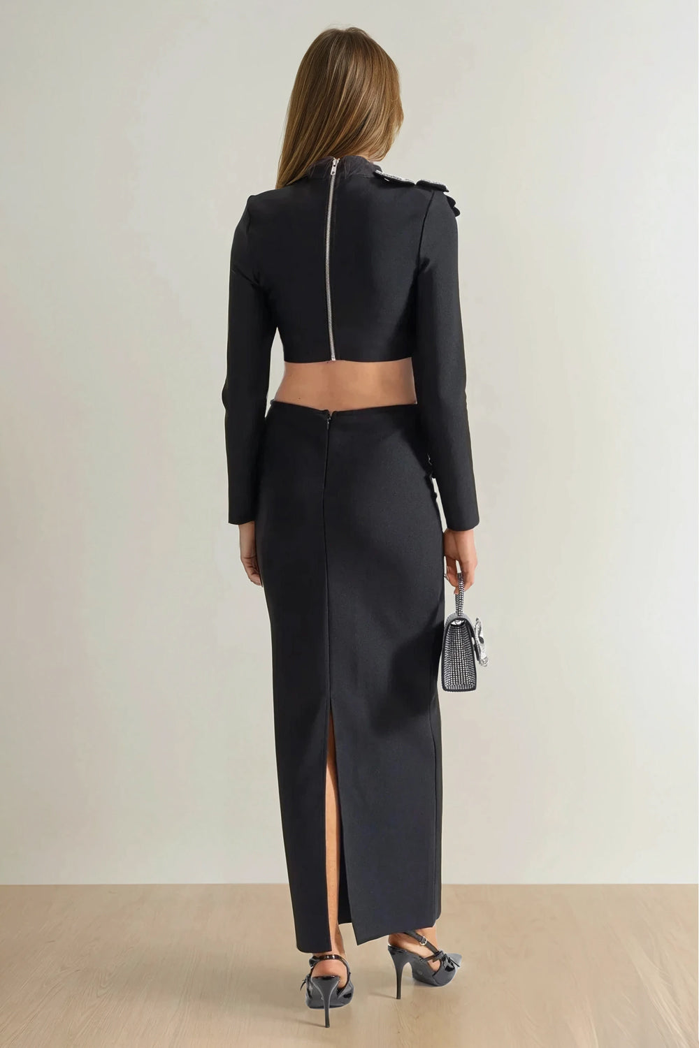 Two-Piece Set with High Neck Long Sleeve Crop Top and Maxi Skirt - Black