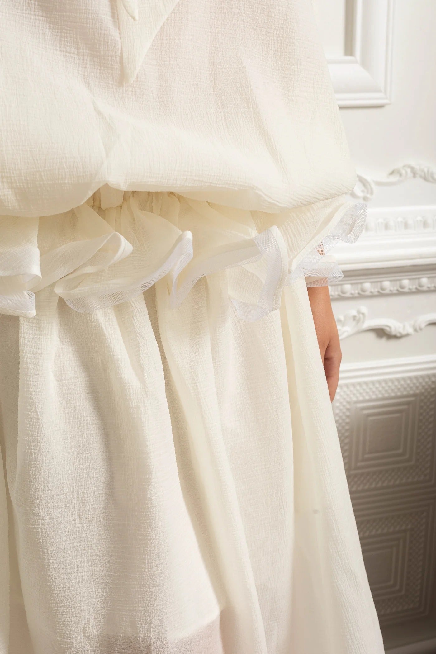 Two-Piece Blouse and Maxi Skirt Set with Rosette Waist Detail - White