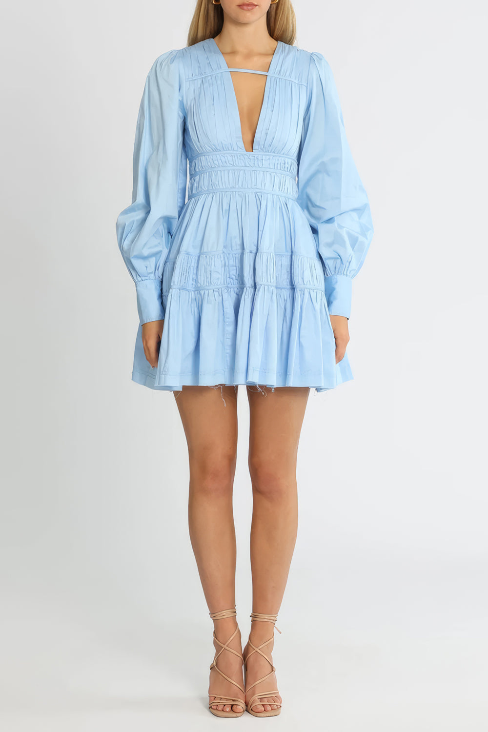 Plunge Neckline Mini Dress with Puff Sleeves