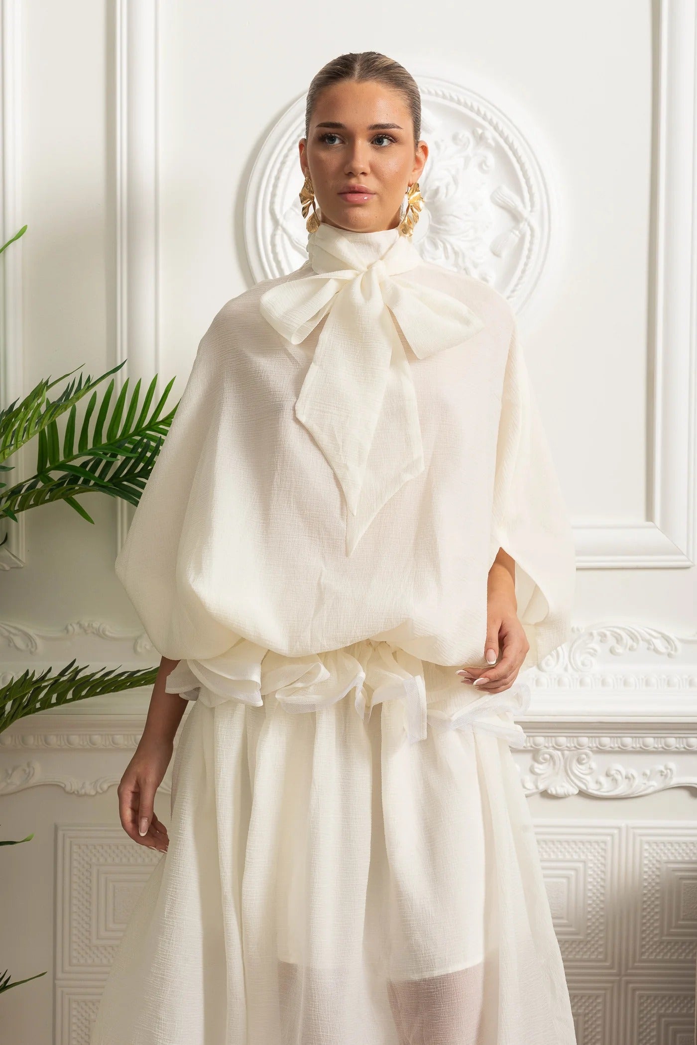 Two-Piece Blouse and Maxi Skirt Set with Rosette Waist Detail - White