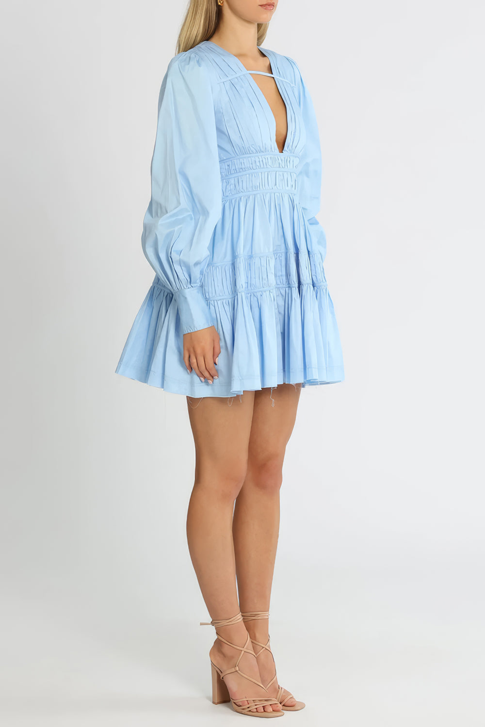 Plunge Neckline Mini Dress with Puff Sleeves