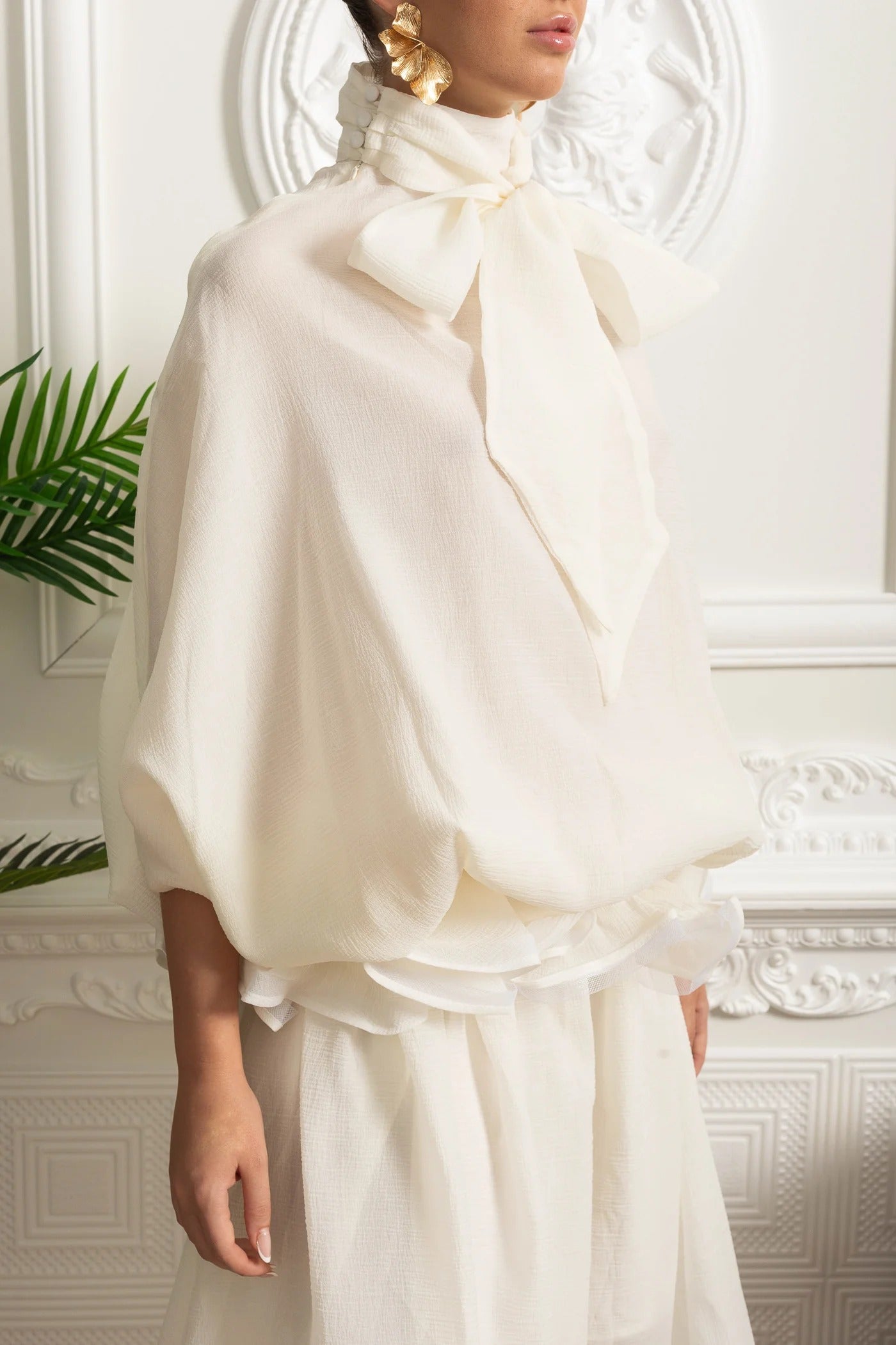 Two-Piece Blouse and Maxi Skirt Set with Rosette Waist Detail - White