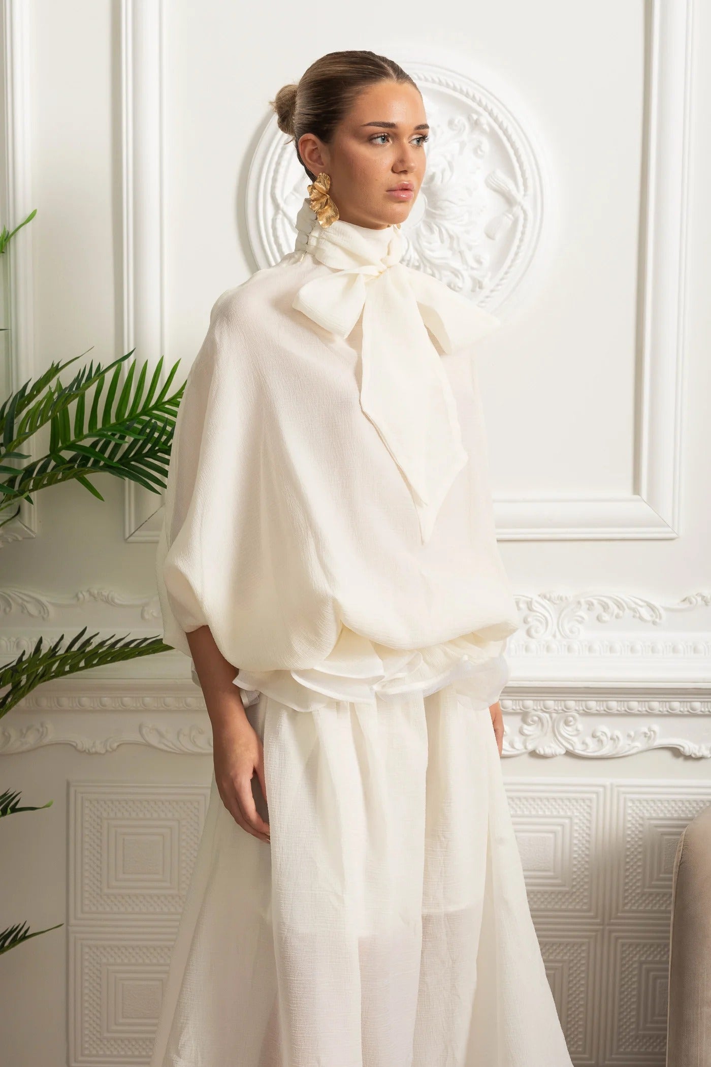 Two-Piece Blouse and Maxi Skirt Set with Rosette Waist Detail - White