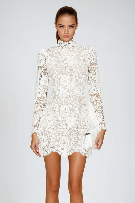 High Neck Lace Long Sleeve Mini Dress - White