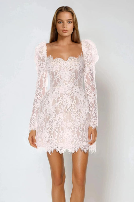 Puff Shoulder Lace Longsleeves Mini Dress - White