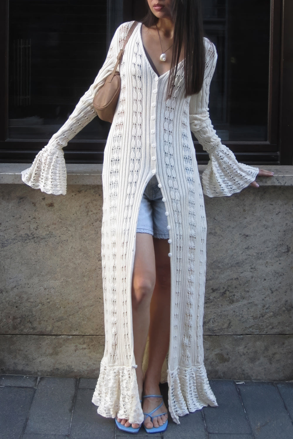 Crochet Maxi Dress with Flared Sleeves