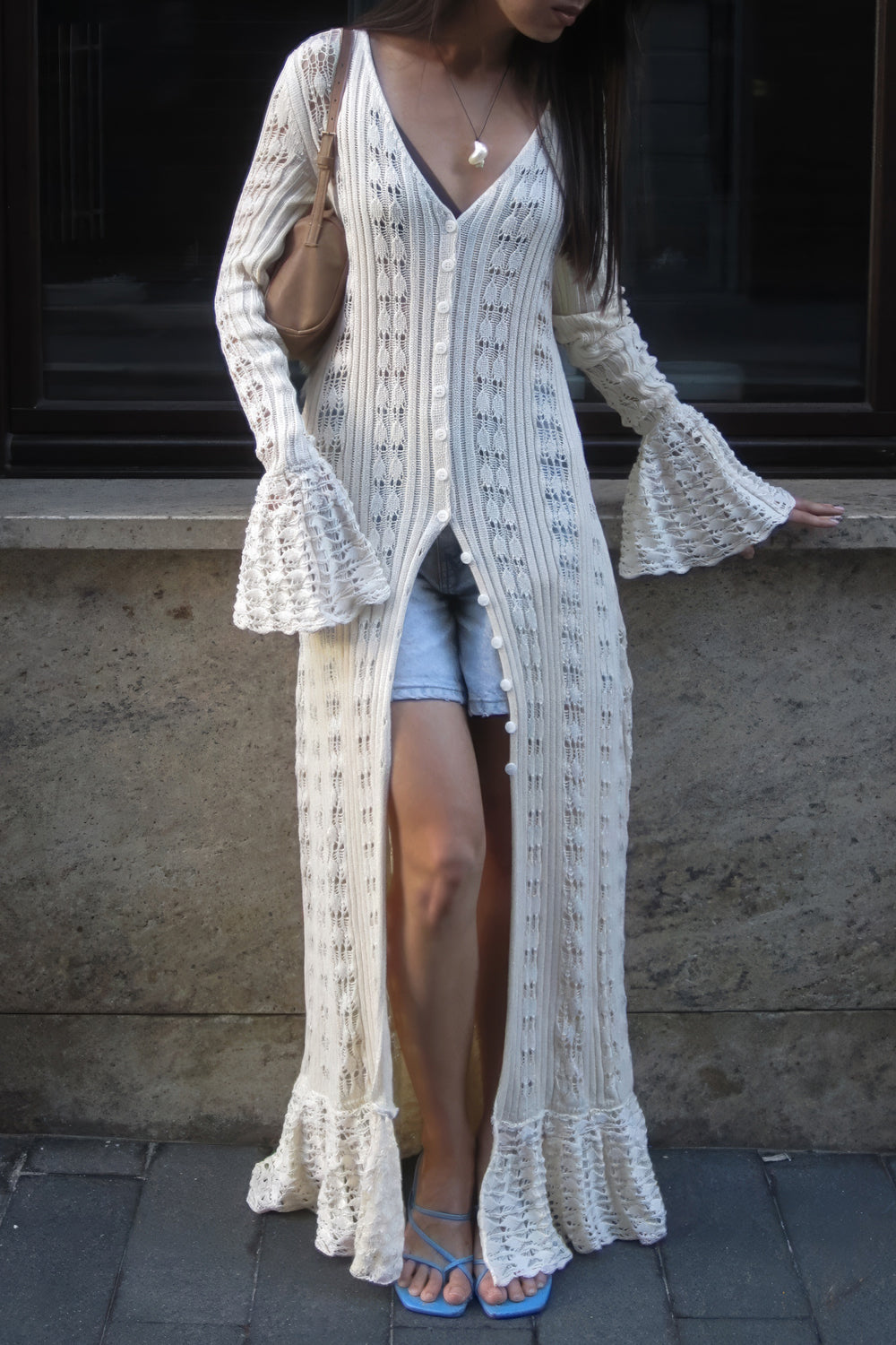 Crochet Maxi Dress with Flared Sleeves