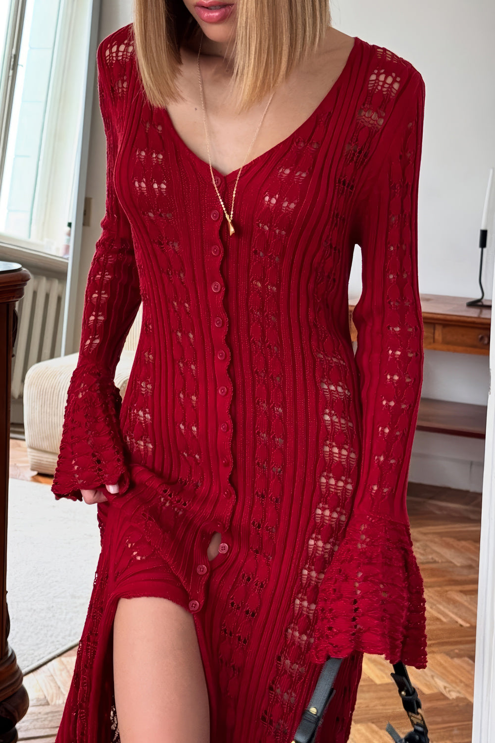 Crochet Maxi Dress with Flared Sleeves