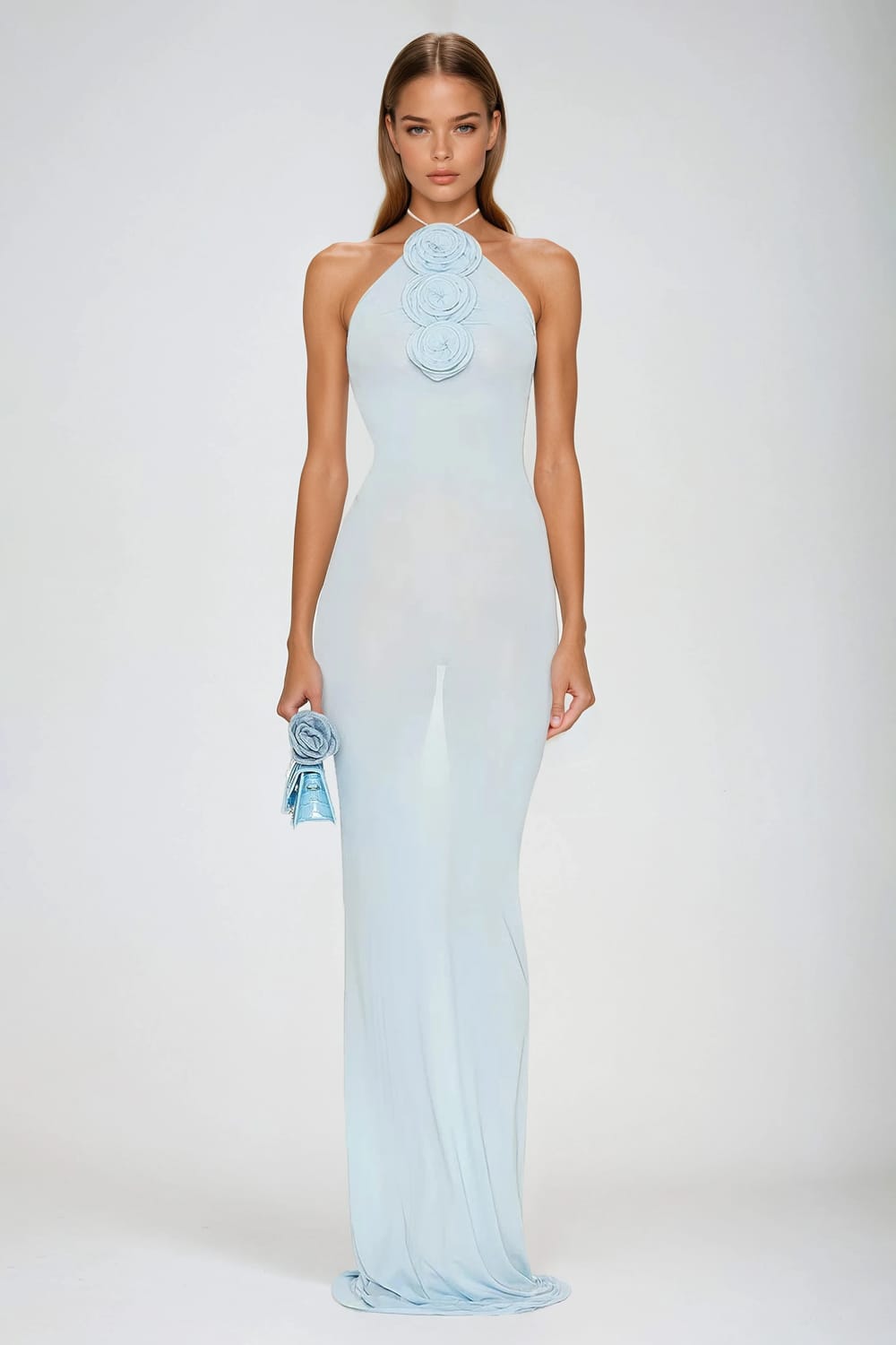 Halter Neck Maxi Dress with Rosette Details - Blue