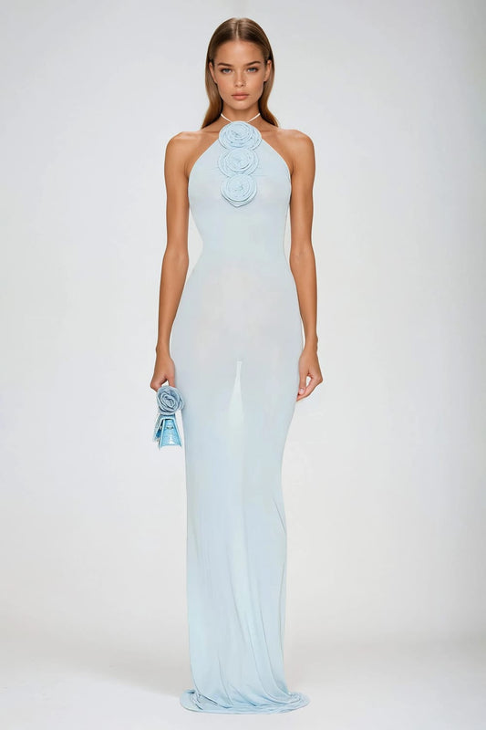 Halter Neck Maxi Dress with Rosette Details - Blue
