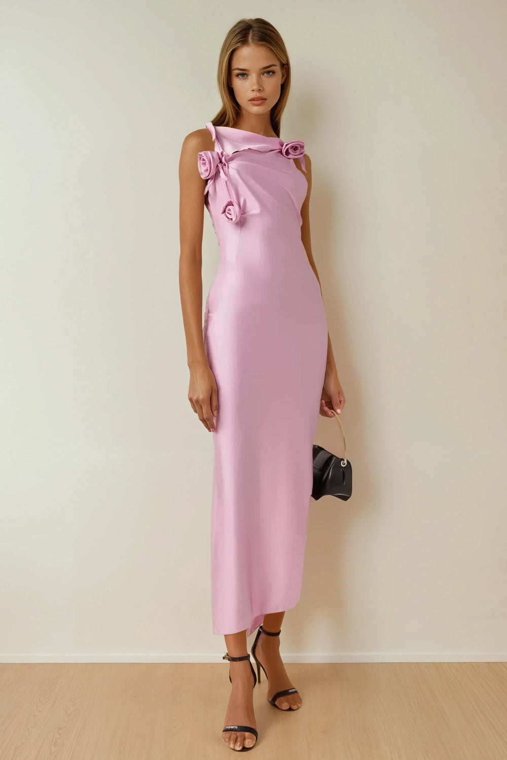 Asymmetrical Midi Dress with Rose Details and Draped Neckline - Pink