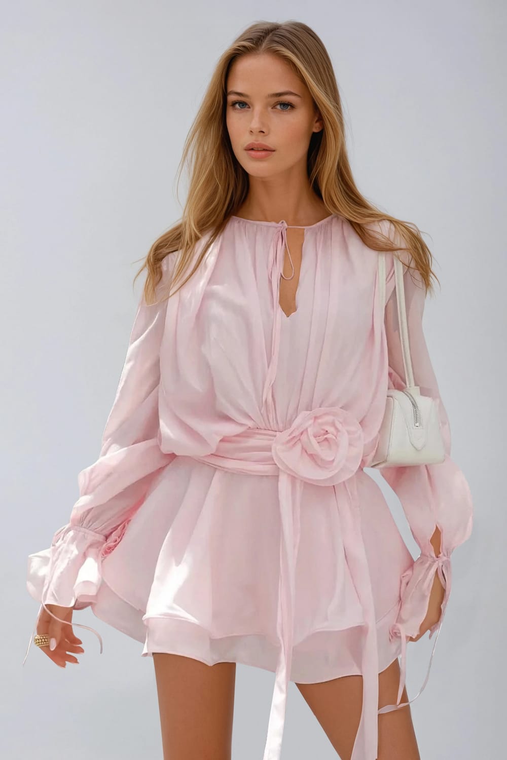 Long Sleeve Mini Dress with Waist Flower Tie - Pink