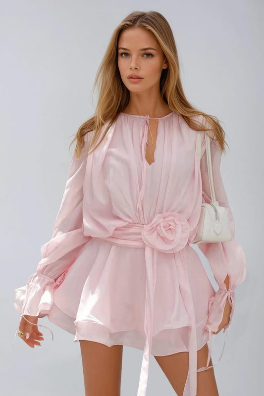 Long Sleeve Mini Dress with Waist Flower Tie - Pink