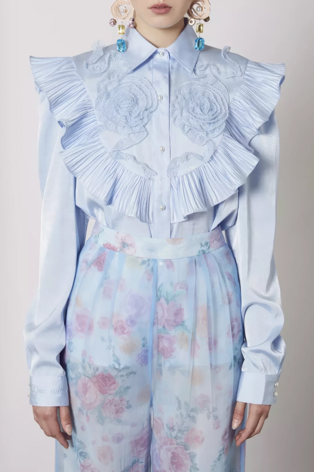 Embroidered Pleated Ruffle Shirt