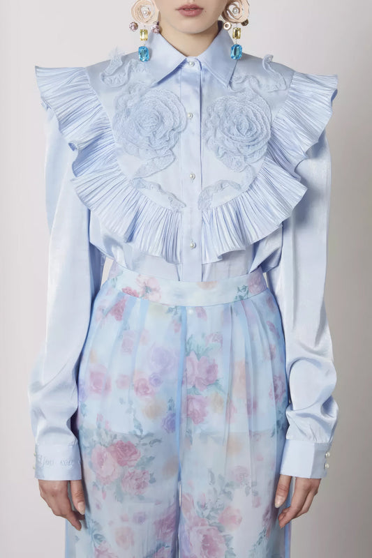 Embroidered Pleated Ruffle Shirt