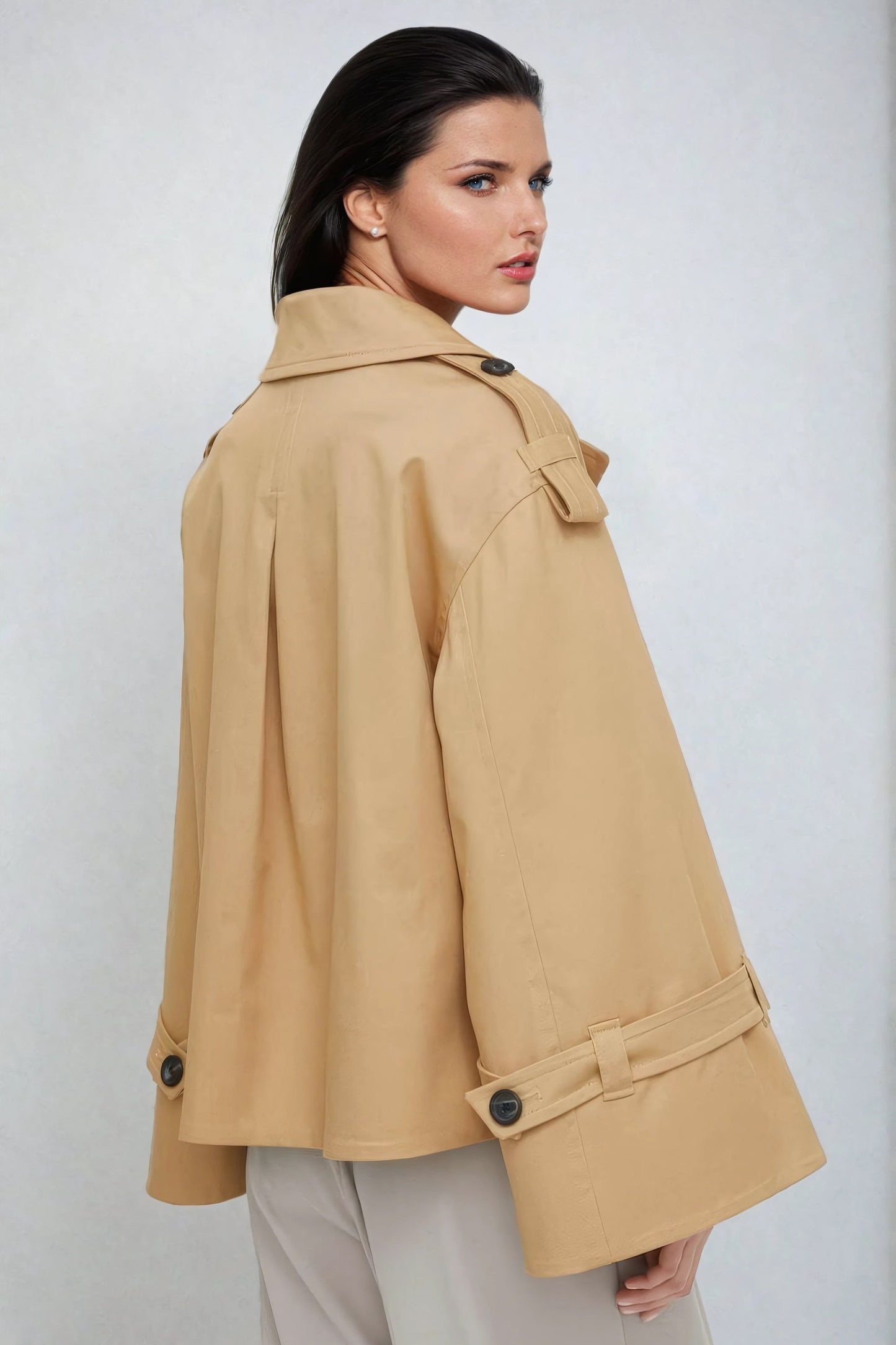 Double-Breasted Cropped Coat with Wide Sleeves - Brown