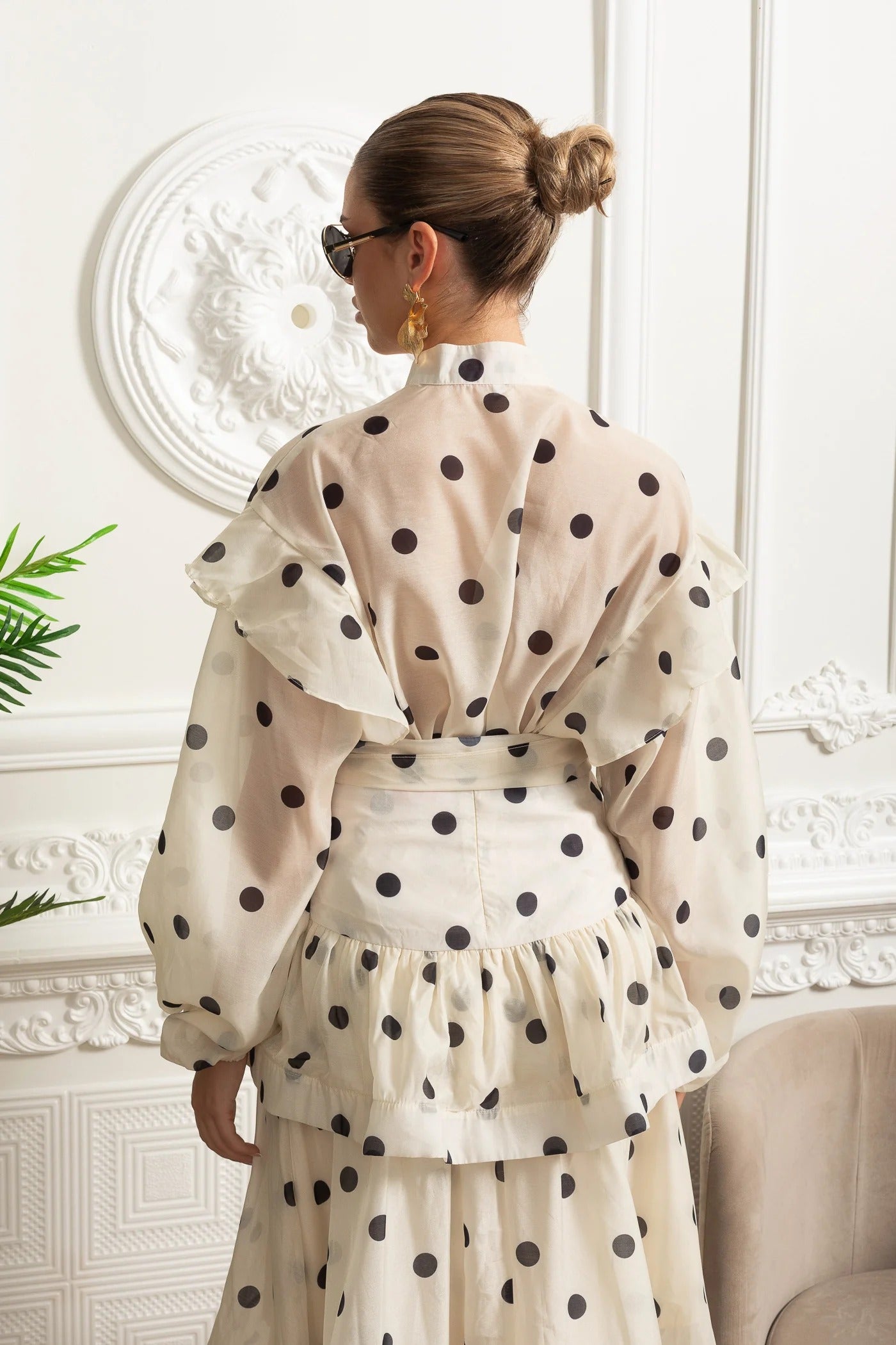Sheer Polka Dot Blouse and Skirt Set with Ruffle Accents - White