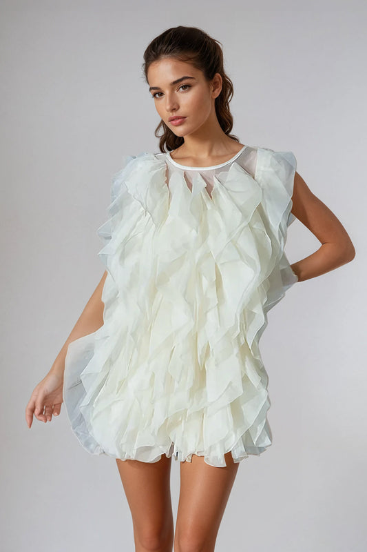 Ruffled Sheer Mini Dress - Beige