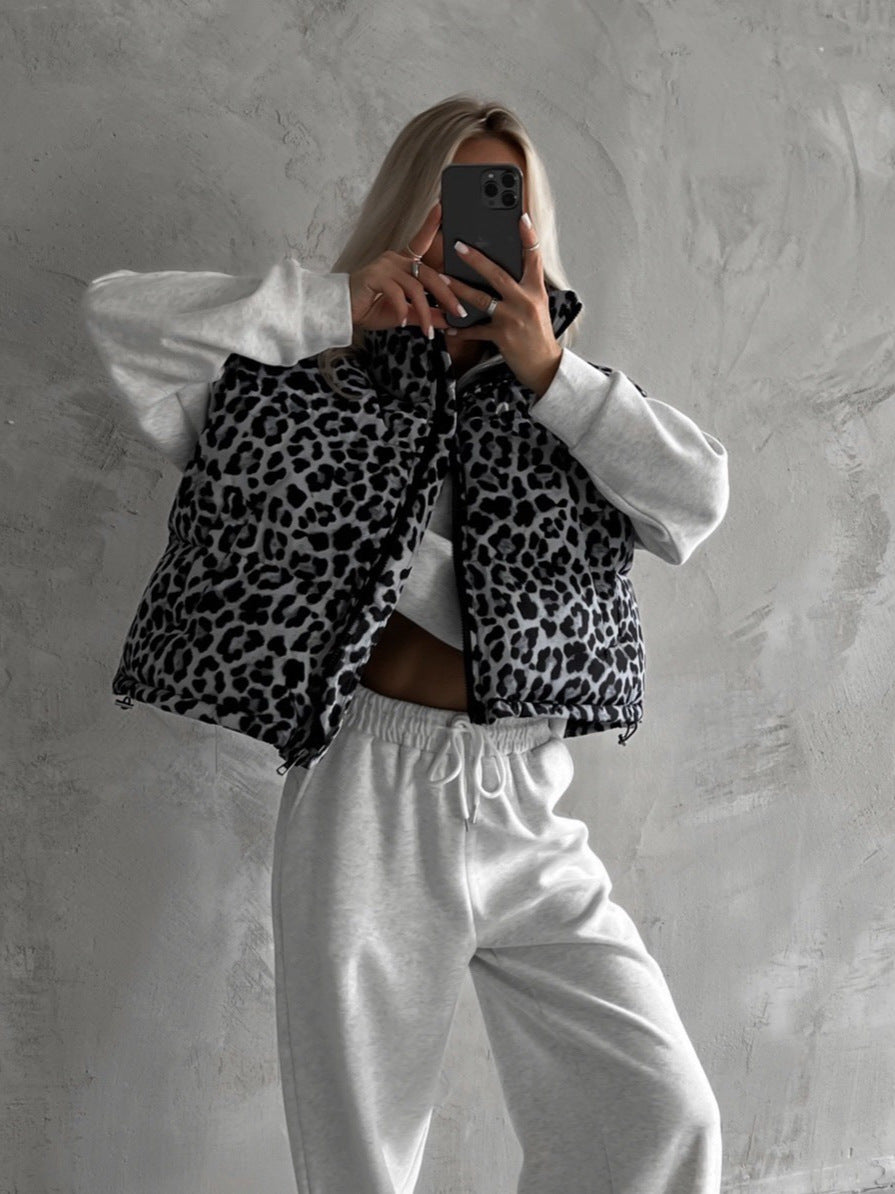 Puffer Vest with Leopard Print - Black