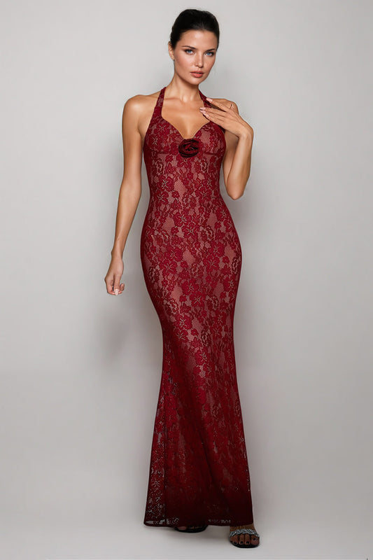 Halter Lace Maxi Dress with Bow Accent - Burgundy