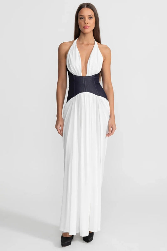 Denim Corset Halter Maxi Dress - White