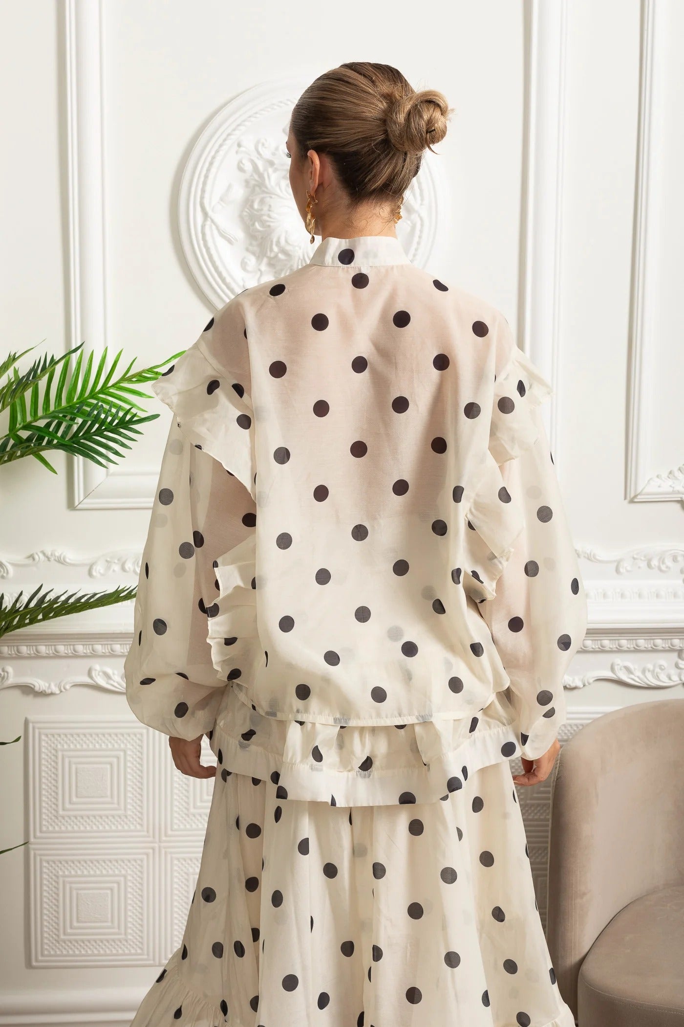 Sheer Polka Dot Blouse and Skirt Set with Ruffle Accents - White