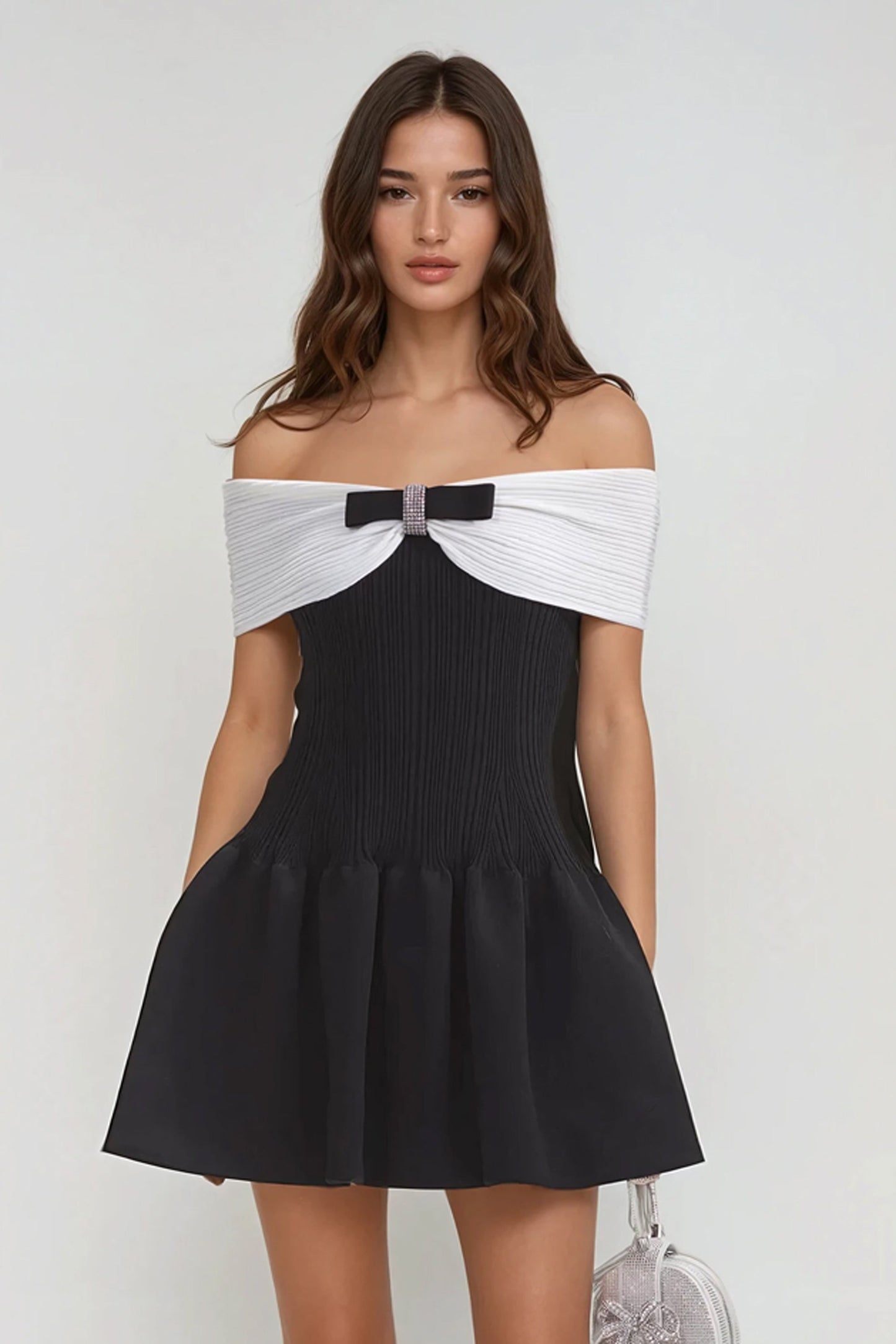 Off-Shoulder Mini Dress with Bow Detail - Black