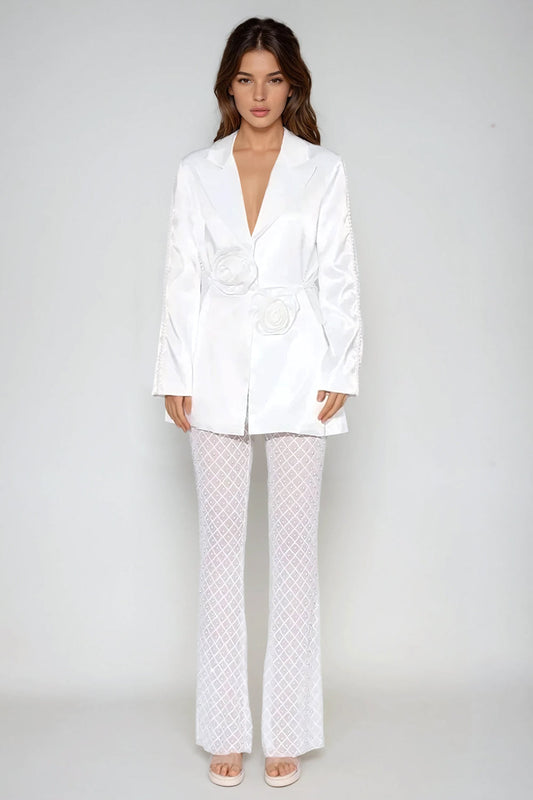 Two-Piece Set with Satin Blazer and Embellished Trousers - White