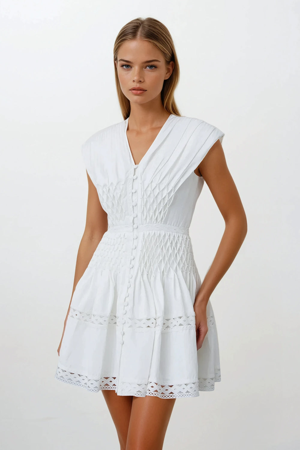 Pleated Mini Dress with Cinched Waist - White