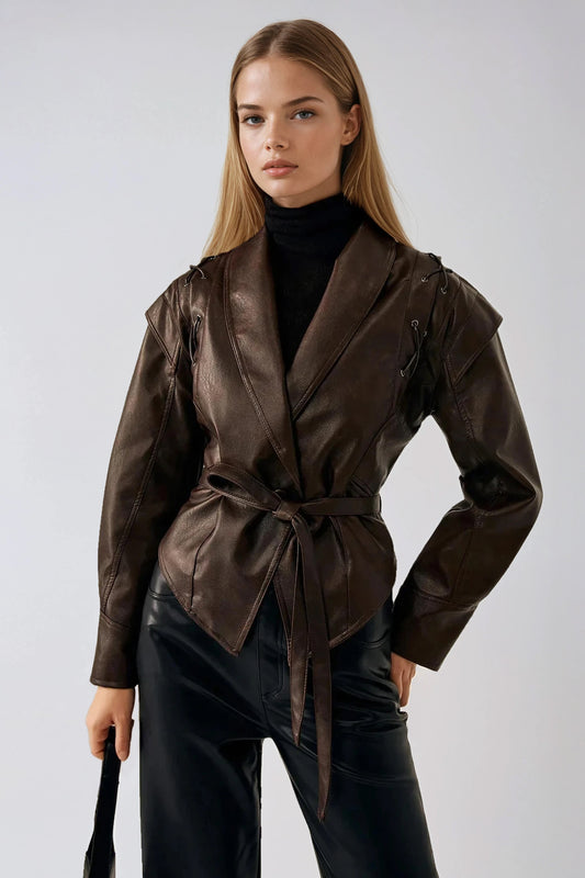 Wrap Front Jacket with Wide Shoulders and Lace-Up Detail - Dark Brown